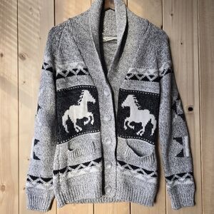 Bluenotes Grey Acrylic Horse Knit Cardigan Sweater Womens Medium